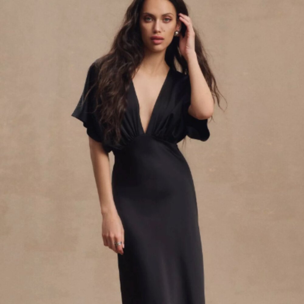 BHLDN Leila Deep-V Flutter-Sleeve Satin A-Line Gown